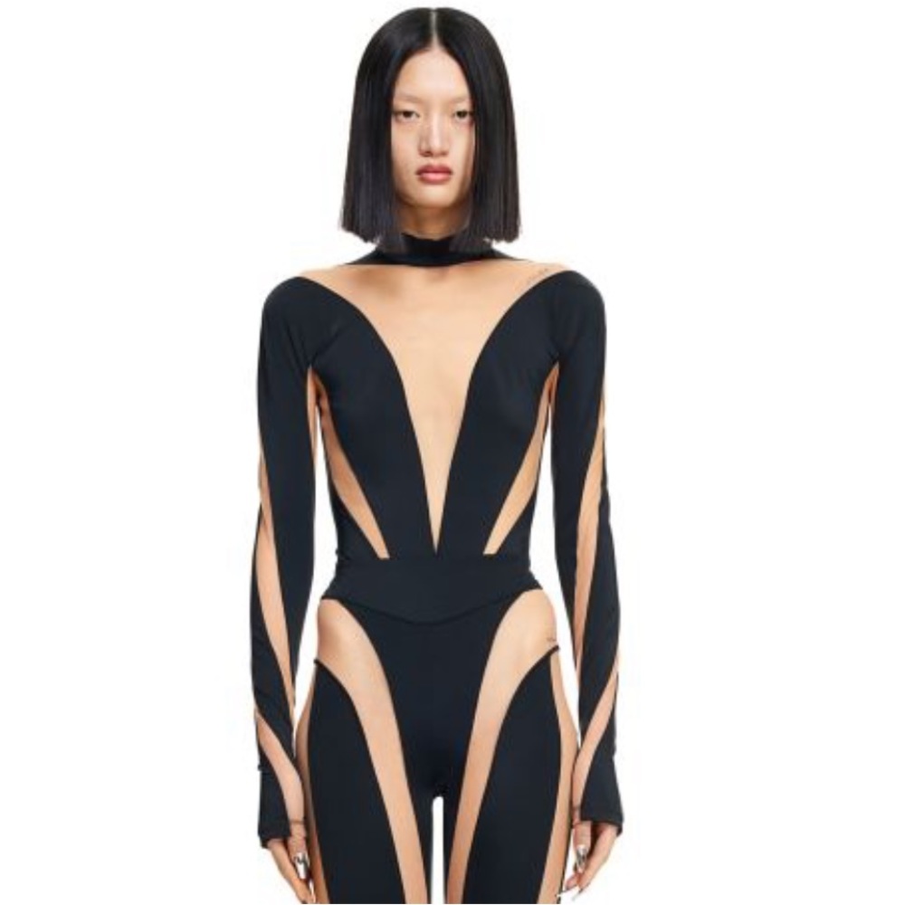 Mugler Mesh-paneled Bodysuit
Beige/black